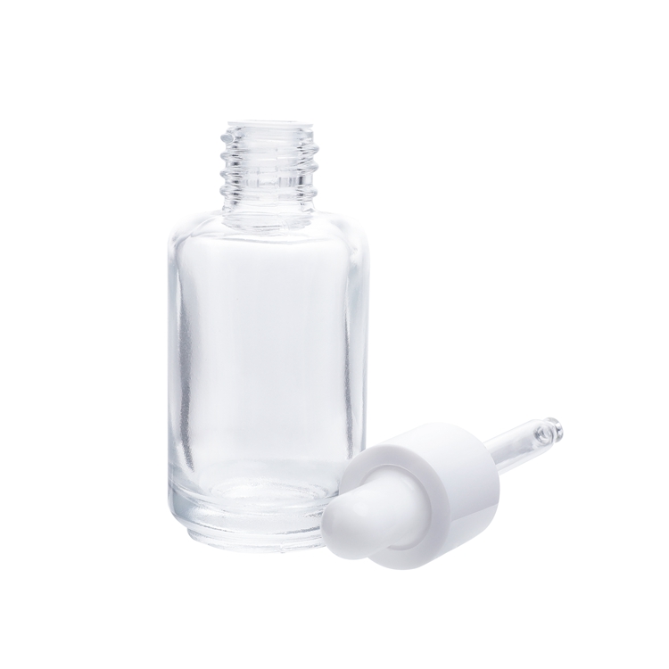 Dispensador de líquidos de primera calidad, transparente, 30 Ml, cilindro de hombro plano, botella cuentagotas de vidrio para aceite esencial de suero