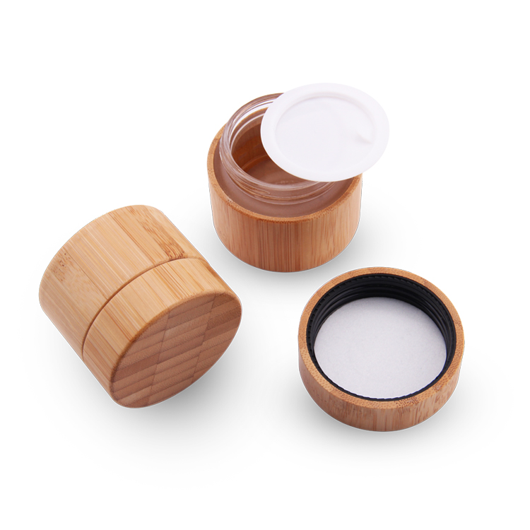Tarro de almacenamiento de vidrio de alta calidad, tapa de bambú, crema facial, 30g, 50g, tarro interior de vidrio cosmético de bambú con tapa de bambú 