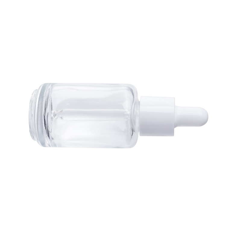 Dispensador de líquidos de primera calidad, transparente, 30 Ml, cilindro de hombro plano, botella cuentagotas de vidrio para aceite esencial de suero
