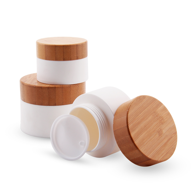 Envase cosmético de bambú de lujo brillante con garantía comercial, tapas de bambú, tarro de plástico con tornillo